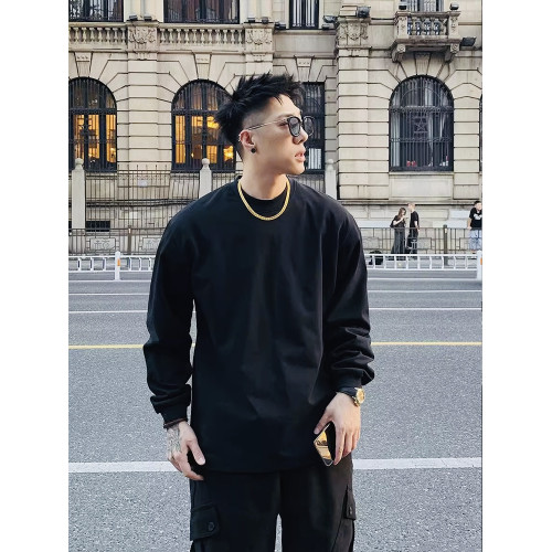 420G重磅純棉美式小領口長袖t恤男春秋季寬松上衣白色內搭打底衫