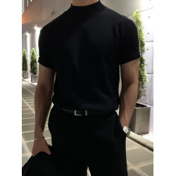 半高領針織短袖t恤男士美式純色高級感潮修身夏季體恤半袖打底衫