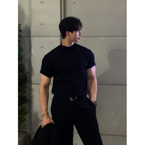 半高領針織短袖t恤男士美式純色高級感潮修身夏季體恤半袖打底衫