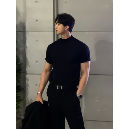 半高領針織短袖t恤男士美式純色高級感潮修身夏季體恤半袖打底衫