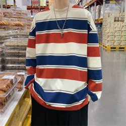 港風ins復古條紋撞色圓領衛衣男春秋季潮牌寬松休閒情侶套頭外套