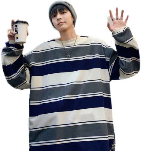 港風ins復古條紋撞色圓領衛衣男春秋季潮牌寬松休閒情侶套頭外套