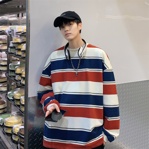 港風ins復古條紋撞色圓領衛衣男春秋季潮牌寬松休閒情侶套頭外套