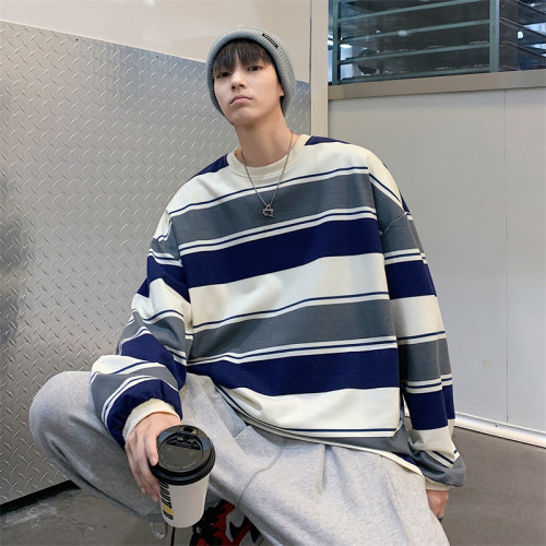 港風ins復古條紋撞色圓領衛衣男春秋季潮牌寬松休閒情侶套頭外套