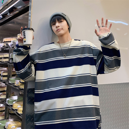 港風ins復古條紋撞色圓領衛衣男春秋季潮牌寬松休閒情侶套頭外套