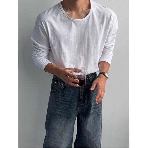 慵懶風u型大領t恤男高級感寬松長袖低領打底衫戶外運動防曬罩衫潮