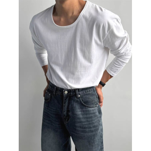 慵懶風u型大領t恤男高級感寬松長袖低領打底衫戶外運動防曬罩衫潮