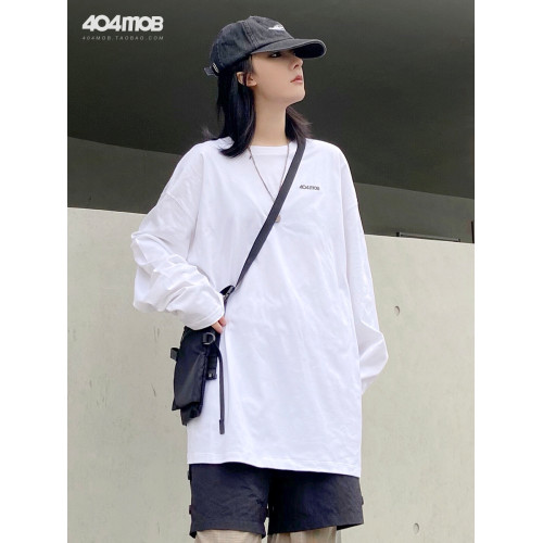 404MOB基礎款百搭黑白色長袖T恤男女同款ins寬松純棉潮牌休閒上衣
