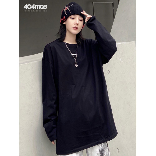 404MOB基礎款百搭黑白色長袖T恤男女同款ins寬松純棉潮牌休閒上衣