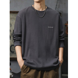 重磅長袖t恤男春秋季新款日系百搭印花圓領打底衫情侶純色體恤衫