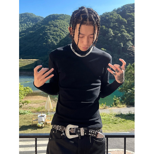 South美式高領打底衫男士嘻哈純色重磅秋冬修身翻領長袖高彈T恤潮