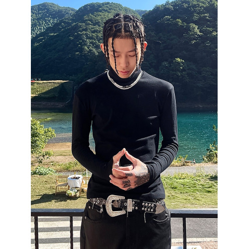 South美式高領打底衫男士嘻哈純色重磅秋冬修身翻領長袖高彈T恤潮