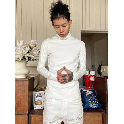 South美式高領打底衫男士嘻哈純色重磅秋冬修身翻領長袖高彈T恤潮