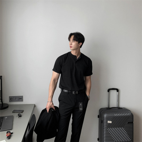 美式亨利領純棉t恤肌肉男硬漢修身短袖半開釦設計感v領運動上衣潮