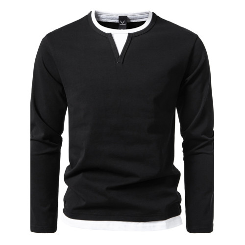 歐美簡約大碼寬松小V領假兩件長袖T恤男春秋新款百搭純棉打底上衣 歐美簡約大碼寬松小V領假兩件長袖T恤男春秋新款百搭純棉打底上衣