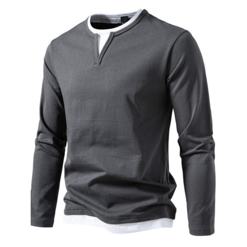 歐美簡約大碼寬松小V領假兩件長袖T恤男春秋新款百搭純棉打底上衣 歐美簡約大碼寬松小V領假兩件長袖T恤男春秋新款百搭純棉打底上衣