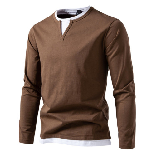 歐美簡約大碼寬松小V領假兩件長袖T恤男春秋新款百搭純棉打底上衣 歐美簡約大碼寬松小V領假兩件長袖T恤男春秋新款百搭純棉打底上衣