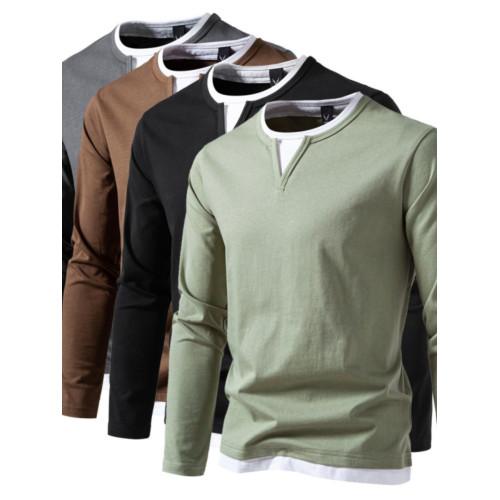 歐美簡約大碼寬松小V領假兩件長袖T恤男春秋新款百搭純棉打底上衣 歐美簡約大碼寬松小V領假兩件長袖T恤男春秋新款百搭純棉打底上衣