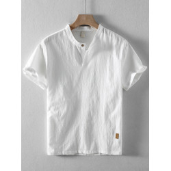 夏季男士亞麻短袖襯衫立領棉麻薄款復古休閒套頭寬松半袖t恤上衣