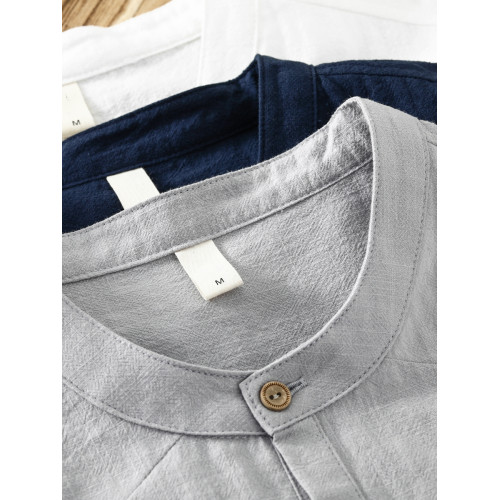 夏季男士亞麻短袖襯衫立領棉麻薄款復古休閒套頭寬松半袖t恤上衣