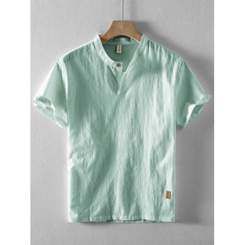 夏季男士亞麻短袖襯衫立領棉麻薄款復古休閒套頭寬松半袖t恤上衣