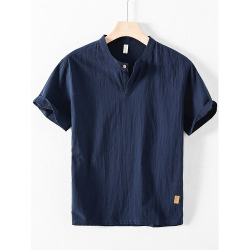 夏季男士亞麻短袖襯衫立領棉麻薄款復古休閒套頭寬松半袖t恤上衣