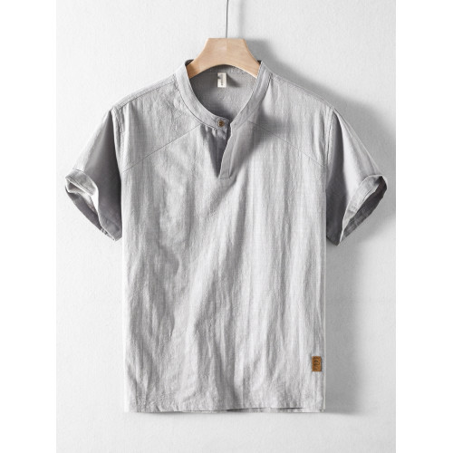 夏季男士亞麻短袖襯衫立領棉麻薄款復古休閒套頭寬松半袖t恤上衣