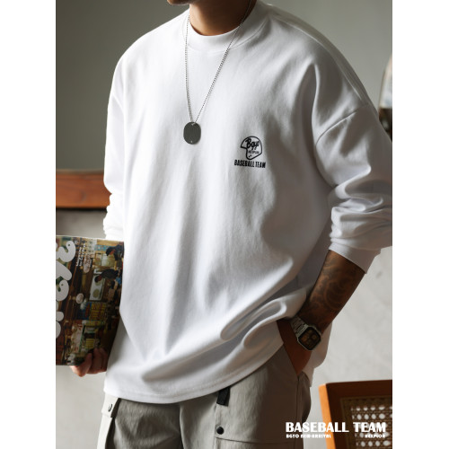 BGYO 美式休閒印花300g重磅長袖T恤男磨毛寬版小領口白色打底衫潮 BGYO 美式休閒印花300g重磅長袖T恤男磨毛寬版小領口白色打底衫潮