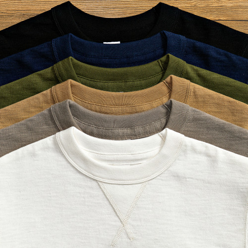 300g 日系復古美式倒三角圓領三本針重磅厚實竹節棉純棉短袖T恤男