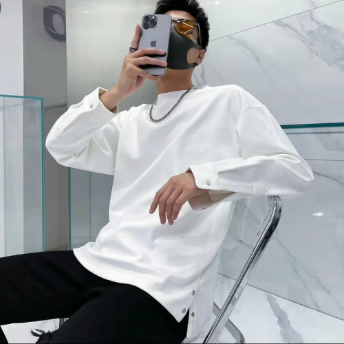 秋季新款長袖T恤男潮牌寬松休閒圓領設計感純色百搭打底衫上衣潮