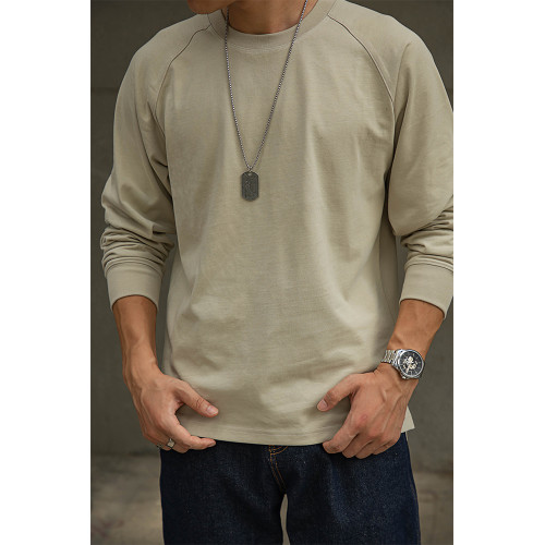 唔刃美式復古重磅純棉插肩長袖T恤阿美哢嘰小領口內搭打底衫秋男