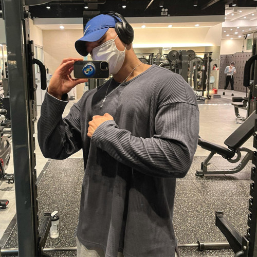 美式硬漢小領口提花質感t恤男健身訓練跑步運動長袖親膚透氣上衣