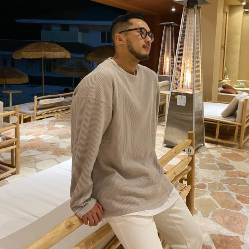 美式硬漢小領口提花質感t恤男健身訓練跑步運動長袖親膚透氣上衣