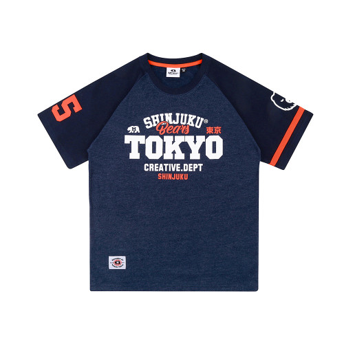 MCREW TOKYO SHIJUKU東京新宿白色藍麻藏青純棉印花插肩袖圓領T恤