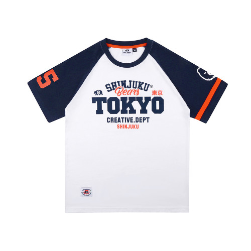 MCREW TOKYO SHIJUKU東京新宿白色藍麻藏青純棉印花插肩袖圓領T恤