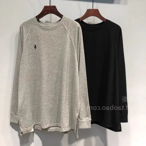 美式復古歐貨雙側開叉長袖T恤男女秋季刺綉簡約寬松休閒打底上衣