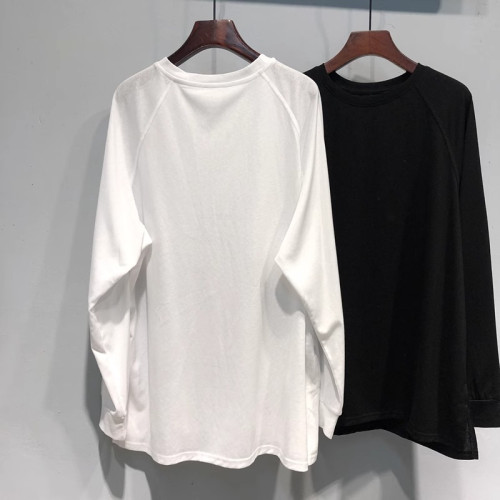 美式復古歐貨雙側開叉長袖T恤男女秋季刺綉簡約寬松休閒打底上衣