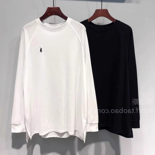 美式復古歐貨雙側開叉長袖T恤男女秋季刺綉簡約寬松休閒打底上衣