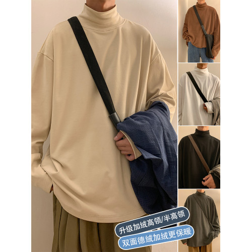 德絨打底衫男士內搭長袖t恤秋冬加絨半高領白色內襯高級感衛衣男