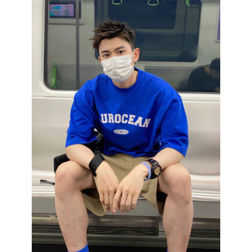 克萊因藍美式潮牌夏季純棉T恤男寬松情侶短袖ins嘻哈風小圓領上衣