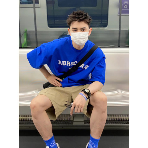 克萊因藍美式潮牌夏季純棉T恤男寬松情侶短袖ins嘻哈風小圓領上衣