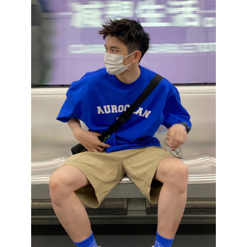 克萊因藍美式潮牌夏季純棉T恤男寬松情侶短袖ins嘻哈風小圓領上衣