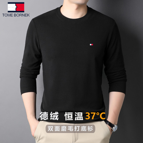 湯米希凱利秋冬季雙面絨長袖t恤男士圓領磨毛德絨打底衫休閒衛衣