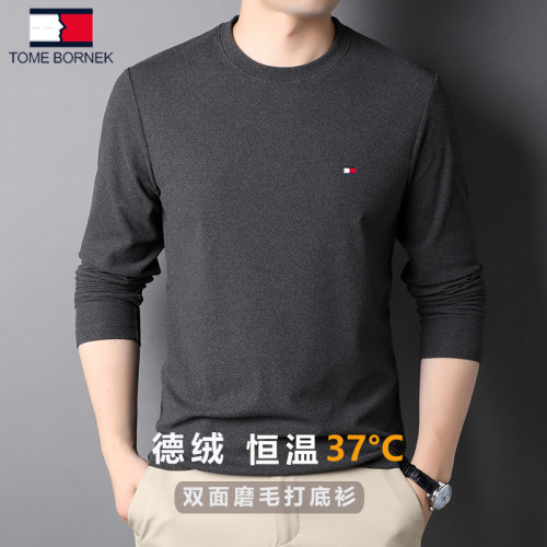 湯米希凱利秋冬季雙面絨長袖t恤男士圓領磨毛德絨打底衫休閒衛衣