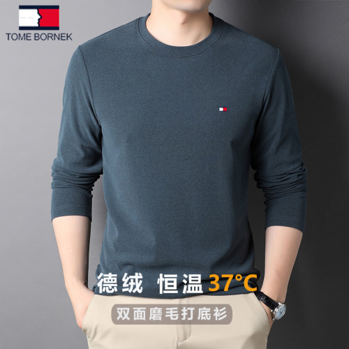 湯米希凱利秋冬季雙面絨長袖t恤男士圓領磨毛德絨打底衫休閒衛衣