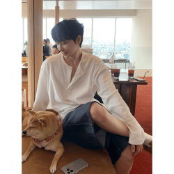 亨利領竪條紋長袖T恤男士夏日休閒寬松韓版高級感華夫格大碼百搭