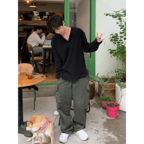 亨利領竪條紋長袖T恤男士夏日休閒寬松韓版高級感華夫格大碼百搭 亨利領竪條紋長袖T恤男士夏日休閒寬松韓版高級感華夫格大碼百搭