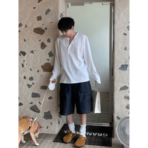 亨利領竪條紋長袖T恤男士夏日休閒寬松韓版高級感華夫格大碼百搭 亨利領竪條紋長袖T恤男士夏日休閒寬松韓版高級感華夫格大碼百搭