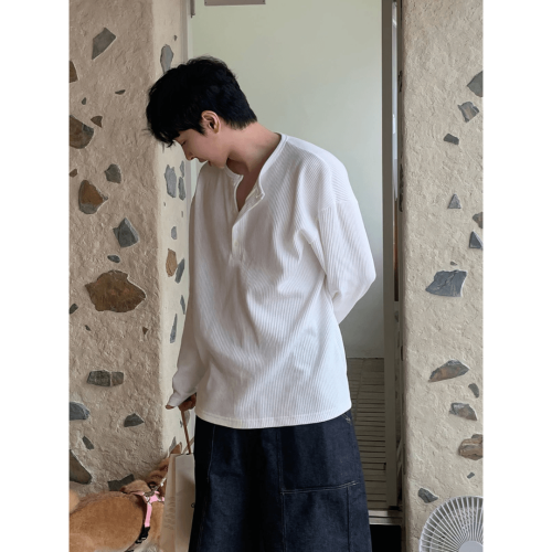 亨利領竪條紋長袖T恤男士夏日休閒寬松韓版高級感華夫格大碼百搭 亨利領竪條紋長袖T恤男士夏日休閒寬松韓版高級感華夫格大碼百搭