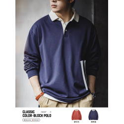 馬登工裝 美式復古針織撞色polo衫衛衣學院風紅色翻領長袖T恤男秋